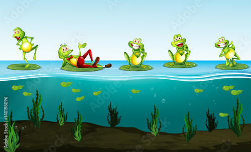 Five green frogs in the pond