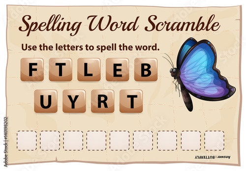 Spelling word scramble game with word butterfly