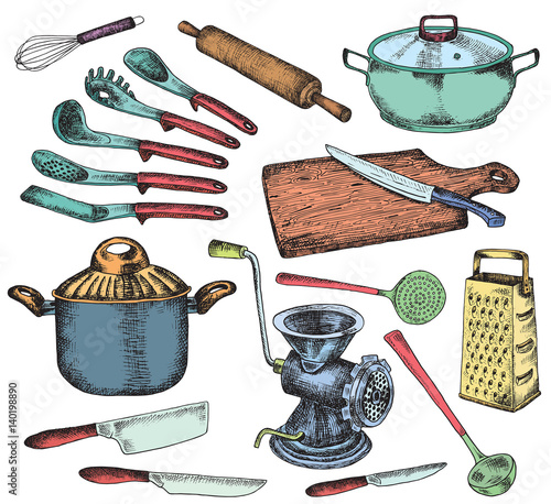 Kitchenware set. Beautiful tableware and kitchen utensils illustration