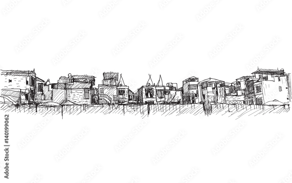 city scape free hand drawing, Hanoi city under construction area, vector and illustration