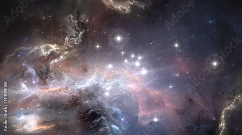 Fototapeta Naklejka Na Ścianę i Meble -  Gas-dust nebula, deep outer space background with bright new stars