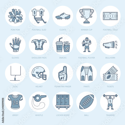 Vector line icons of american football game. Elements - ball, field, player, helmet, bullhorn. Linear signs set, football championship pictogram with editable stroke for sport event, fan store.