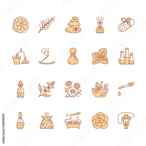 Essential oils aromatherapy vector line icons set. Elements - aroma therapy diffuser, oil burner, candles, incense sticks. Linear pictogram with editable strokes for spa salon.
