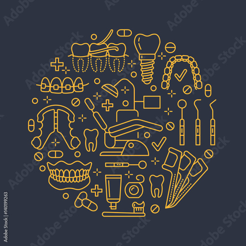 Dentist, orthodontics medical banner with vector line icon of dental care equipment, braces, tooth prosthesis, veneers, floss, caries treatment. Health care thin linear poster for dentistry clinic.