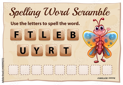 Spelling word scramble game with word butterfly