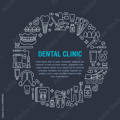 Dentist, orthodontics medical banner with vector line icon of dental care equipment, braces, tooth prosthesis, veneers, floss, caries treatment. Health care thin linear poster for dentistry clinic.
