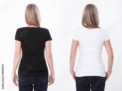 Shirt design and people concept - close up of young woman in blank white tshirt front and rear isolated. Mock up template for design print