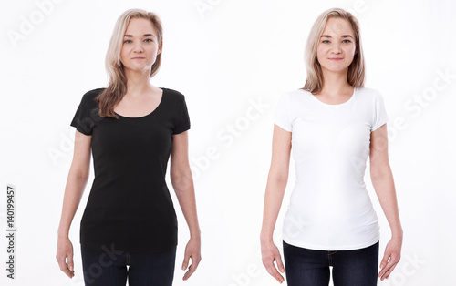 Shirt design and people concept - close up of young woman in blank white tshirt front and rear isolated. Mock up template for design print © missty