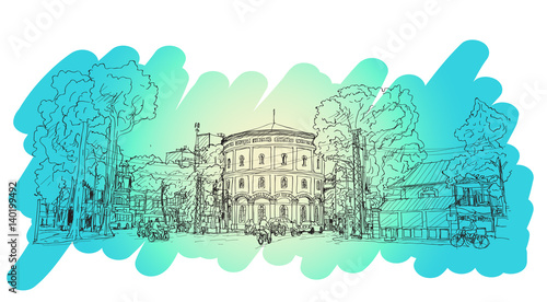 sketch of cityscape Vietnam, Hang Dau Water Tank in Hanoi, Free hand draw illustration vector