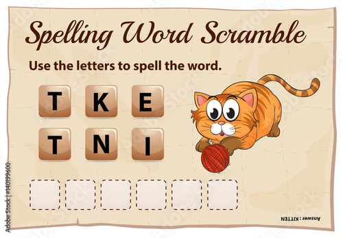 Spelling word scramble game with word kitten
