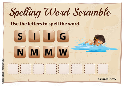 Spelling word scramble game with word swimming