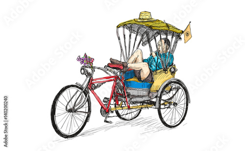old bick and tricycle bicycle man lie down and sleeping, sketch free hand draw vector illustration