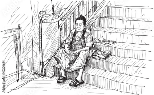 old woman sale lottery sketch drawing free hand  illustration