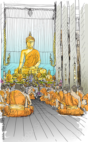 buddhist monks praying at temple in Chiangmai, Thailand, sketch free hand draw vector illustration