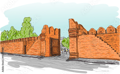 sketch of old gate Tha Phae gate in Thailand, Chiangmai free hand draw vector illustration