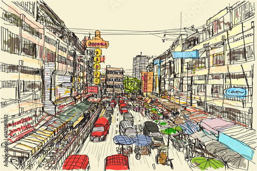 sketch city scape Thai local market place in Chiangmai, free hand draw vector illustration