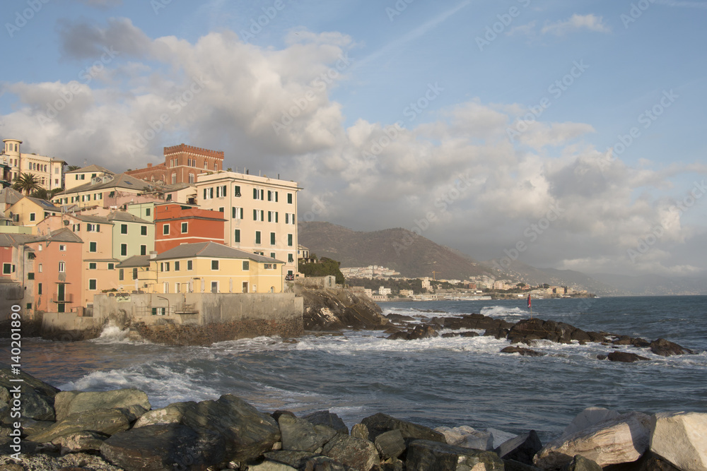 Boccadesse Coastline, Italian Riviera, Genova (Genoa), Italy Postcard View of Ocean & Colorful Buildings, Porto Fino