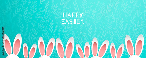 Happy easter bunny rabbit ears border. Cute easter bunny ears in row. Egg hunt brochure, flyer, design, poster, banner, voucher, web element.