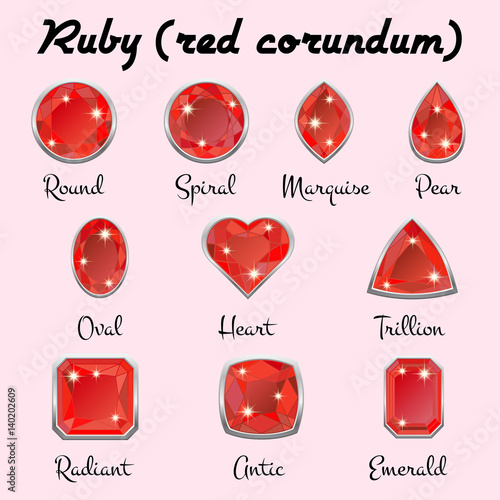 Set of different types of cuts of precious stone Ruby in realistic shapes in red color with silver edging. Vector illustration