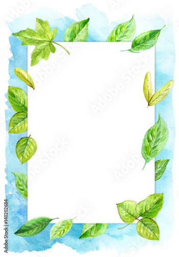 vertical frame made of various leaves in watercolor On a blue background. Hand-painted design elements.