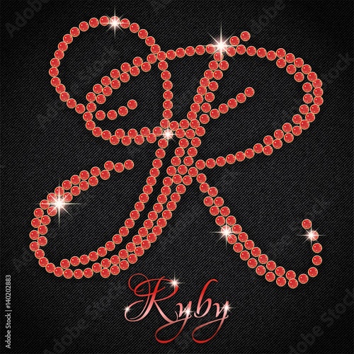 Calligraphic letter R from realistic crystals with sparkles of precious stone Ruby on black denim background. Vector illustration