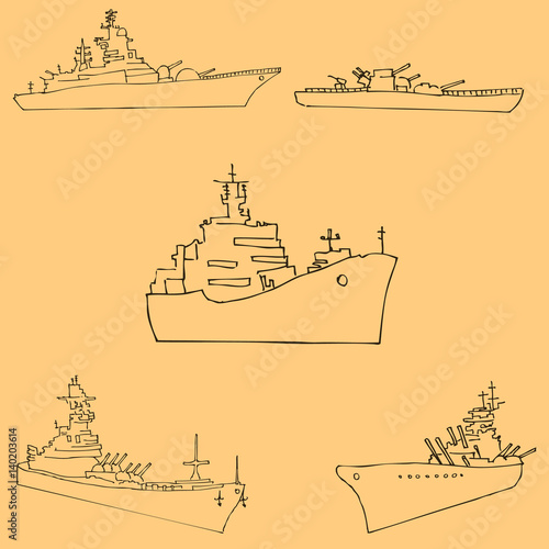 Warships. Sketch by hand. Pencil drawing by hand. Vector image. The image is thin lines. Vintage