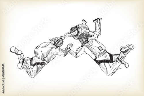 skydiving man parachutist, free hand drawing sketch vector
