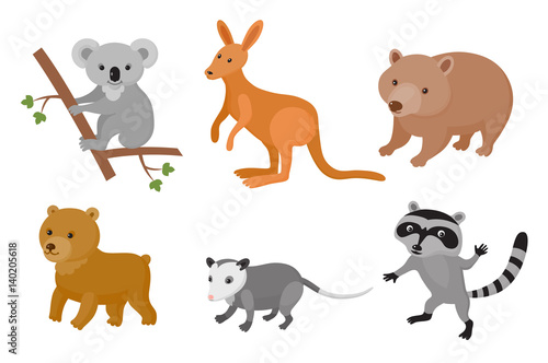 Zoo wild animals colorful set. Vector illustration.