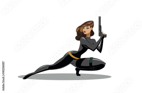 Spy girl in black leather clothes with a gun