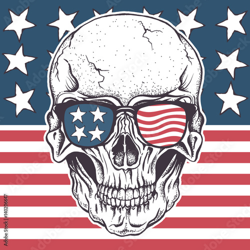 American skull in sunglasses on USA flag