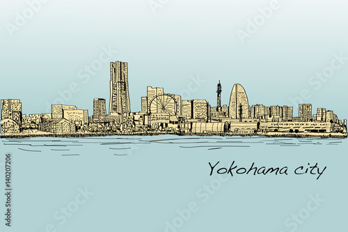 city scape skyline of Yokohama in Japan free hand drawing, vector and illustration