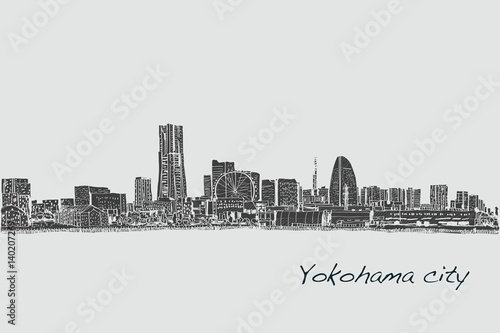 city scape skyline of Yokohama in Japan free hand drawing, vector and illustration