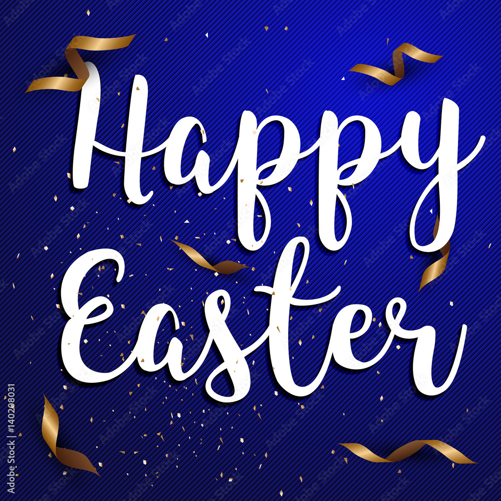 Easter eggs text with confetti gold and dark blue colors free space place for text