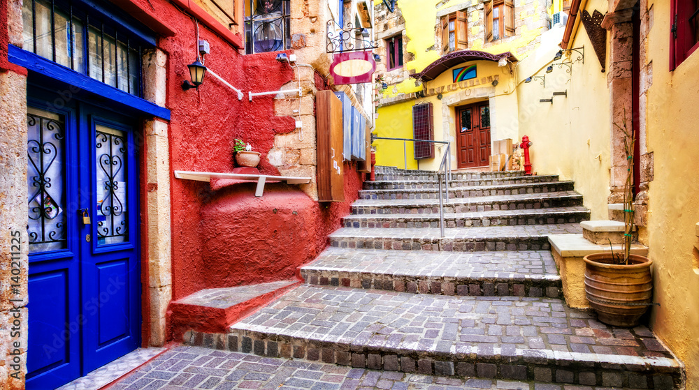 Colors of Greece series - vivid streets of old Chania town, Crete island