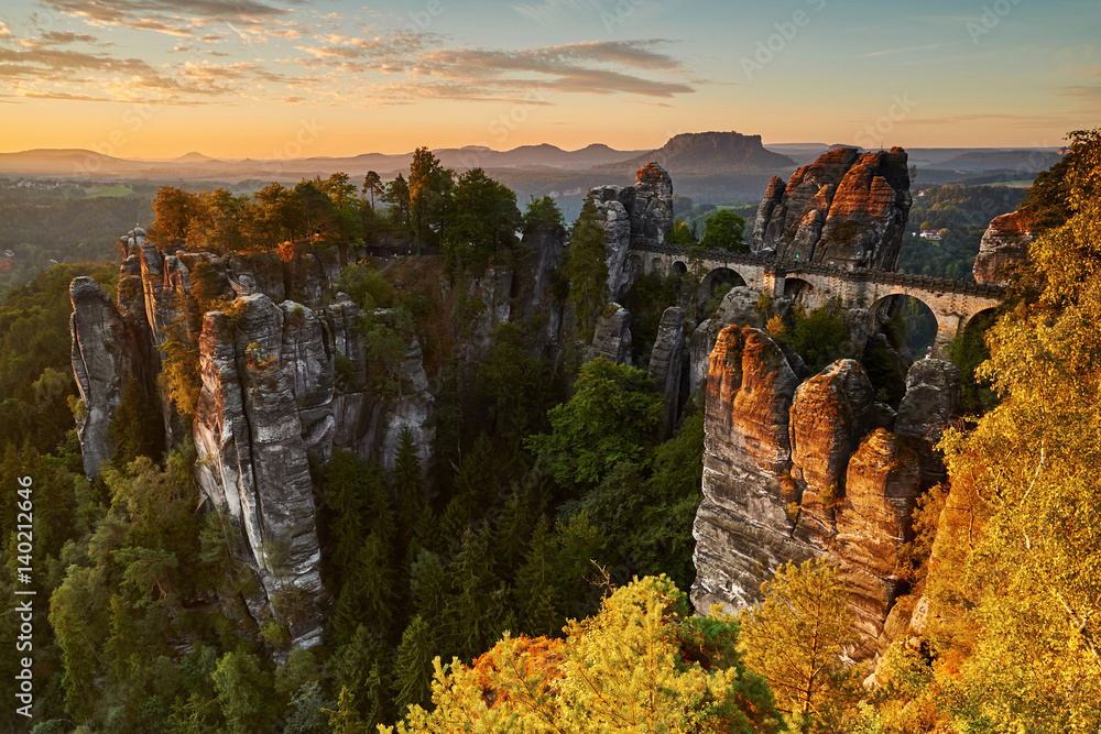Bastei, spectacular scenery from the cliffs on a background of morning fog near Rathen, Germany, Europe (Sachsische Schweiz)