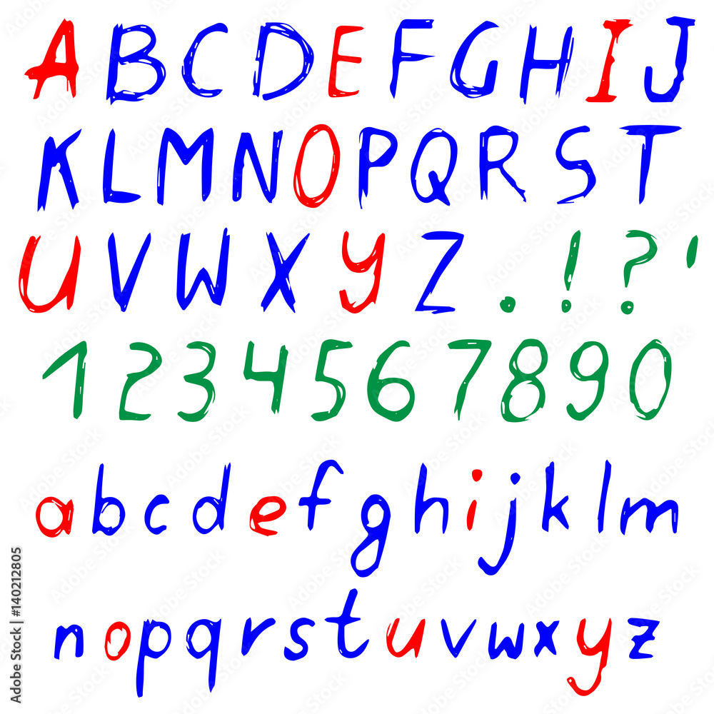 Fototapeta premium Hand drawn colored alphabet, written cartoon font with capital and lowercase letters, also numbers and punctuation. Isolated on white. Vector illustration