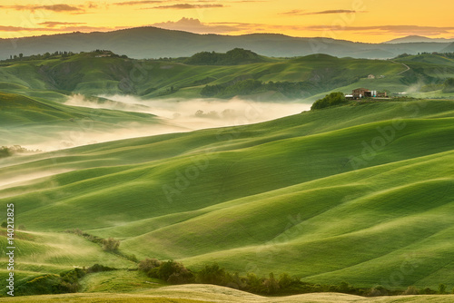 Fresh Green tuscany landscape in spring time - wave hills  cypresses trees  green grass and beautiful blue sky. Tuscany  Italy  Europe