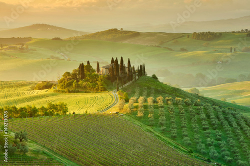 Tuscany Farmhouse Belvedere at dawn, San Quirico d'Orcia, Italy