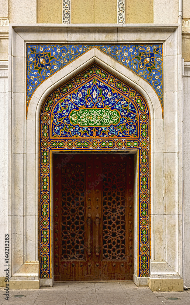 Door decorated with oriental ornament at the entrance to the Literature Museum in Baku, Azerbaijan