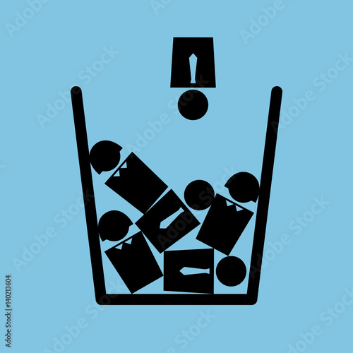 Vector minimalist metaphorical illustration on the topic of personnel reduction. Icon of a trash bin full of people. Square format. Black and blue colors.