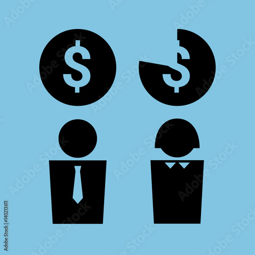 Vector simplified illustration symbolizing gender pay gap. Man and woman icons with a money symbol over them. Square format. Black on a solid blue background.