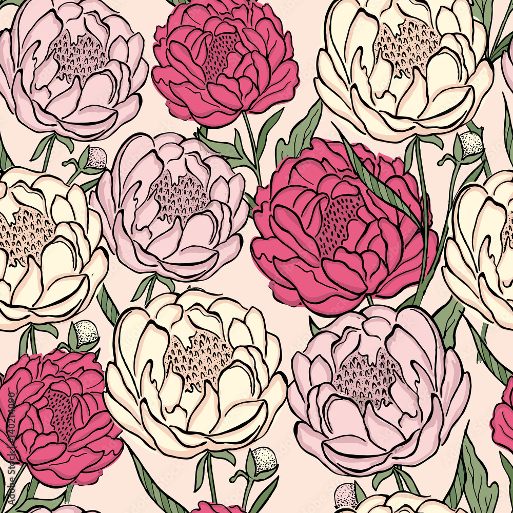 Seamless floral vector pattern peony. Flowers and leaves, can be used as greeting card, invitation card for wedding, birthday and other holiday and summer background. Vector illustration. Seamless floral vector pattern peony. Flowers and leaves, can be used as greeting card, invitation card for wedding, birthday and other holiday and summer background. Vector illustration.