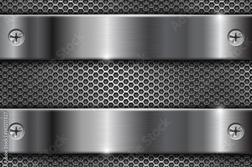Metal perforated background with chrome brushed stripes with screws
