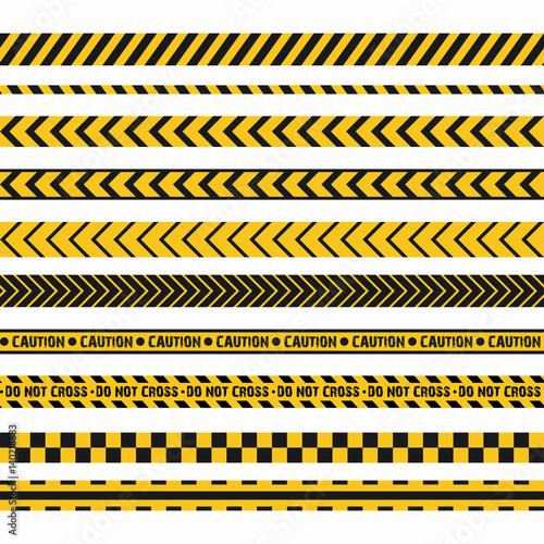 Police line, crime scene, do not cross vector seamless stripes. Set of yellow and black inhibition lines © Yevhenii
