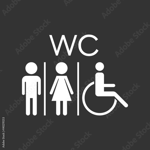 WC, toilet flat vector icon . Men and women sign for restroom on black background.
