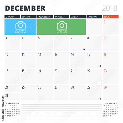 Calendar Planner for December 2018. Print Design Template. Week Starts on Monday. Vector Illustration. Stationery Design