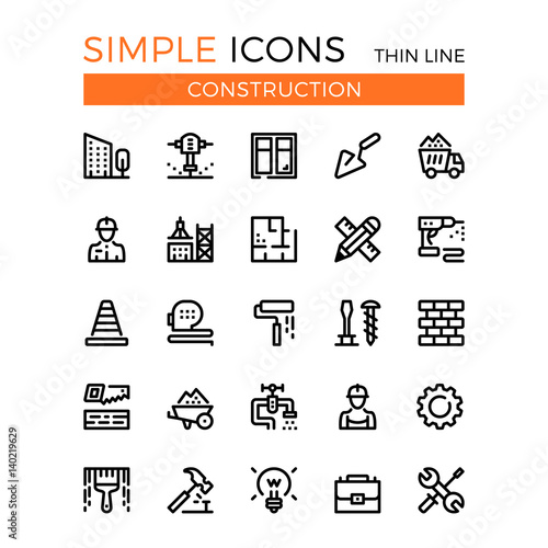 Construction, civil engineering, building vector thin line icons set. 32x32 px. Line graphic design concepts for websites, web design, mobile app, infographics. Pixel perfect vector outline icons set