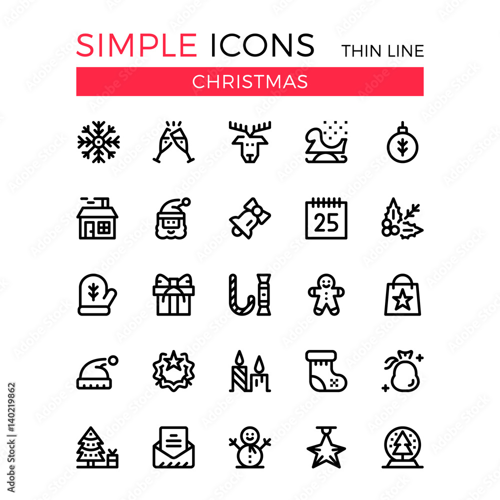 Christmas, New Year celebration vector thin line icons set. 32x32 px. Modern flat line graphic design concept for websites, web design, mobile app, infographics. Pixel perfect vector outline icons set