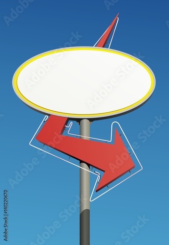 Route 66 style sign with a blank oval for copy, and a big red arrow. Sky removable in vector version.