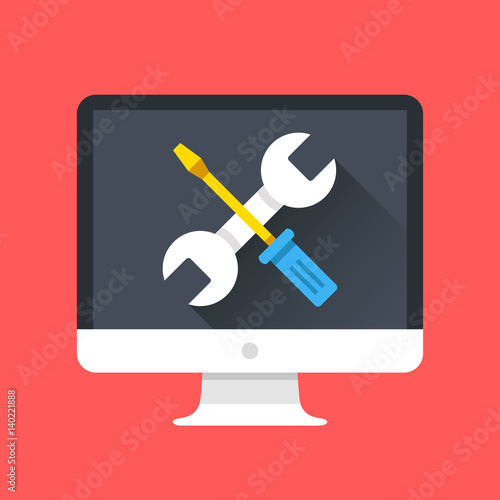 Computer icon with wrench and screwdriver on screen. Computer repair services, technical support concepts. Modern flat design graphic elements. Vector illustration